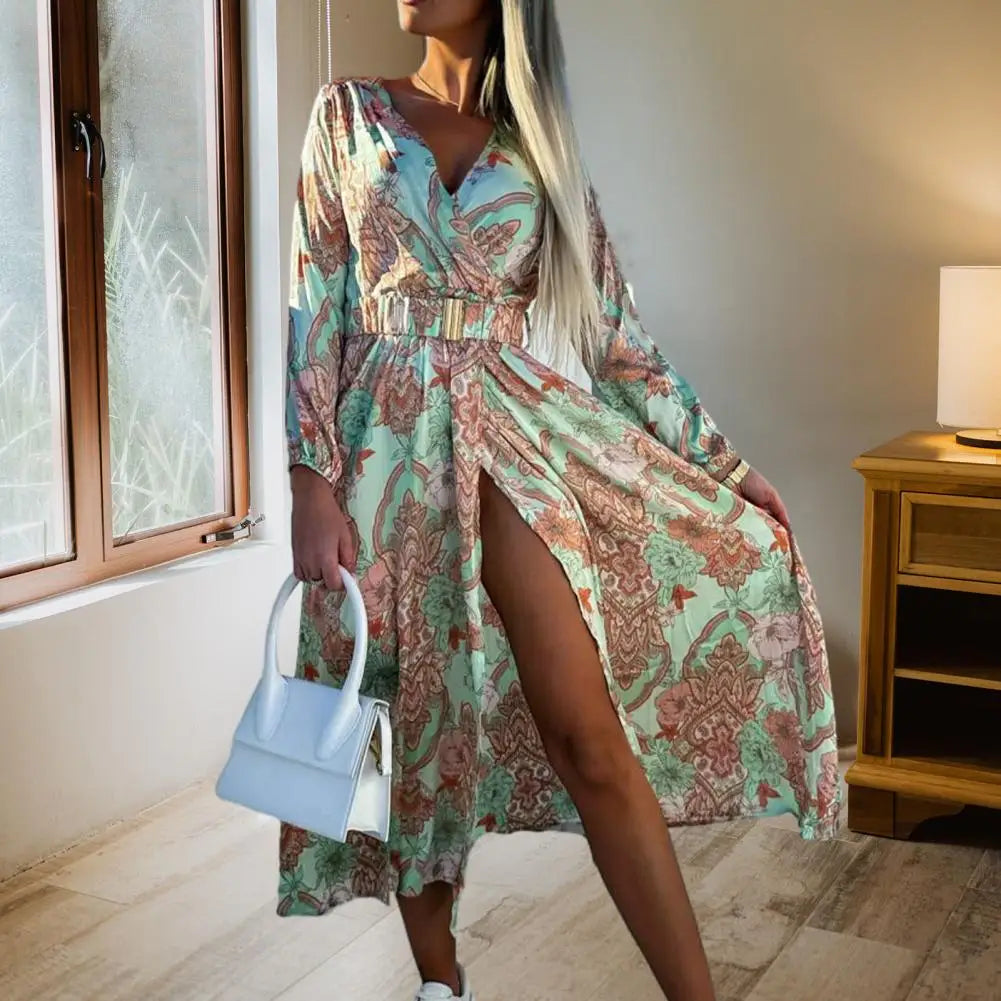 Sexy V Neck Slit Midi Dress Woman Spring Summer Fashion Elegant Long