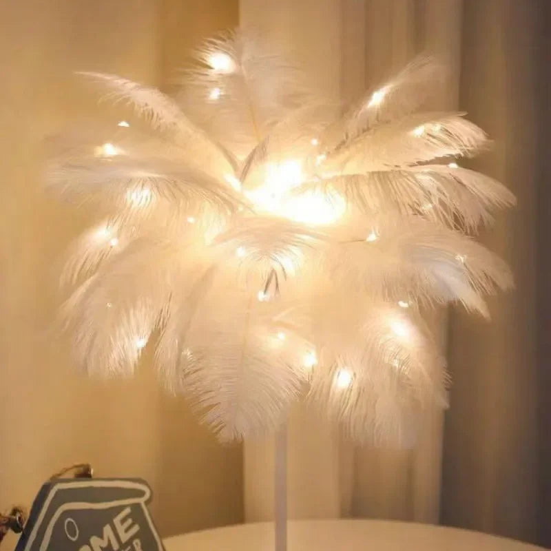 Creative Feather Table Lamp Warm White Light Tree Feather Lampshade