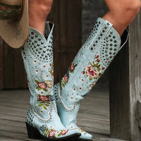 Thumbnail for 2023 New Flower Embroidered Rivet Western Cowboy Boots Women Pointed