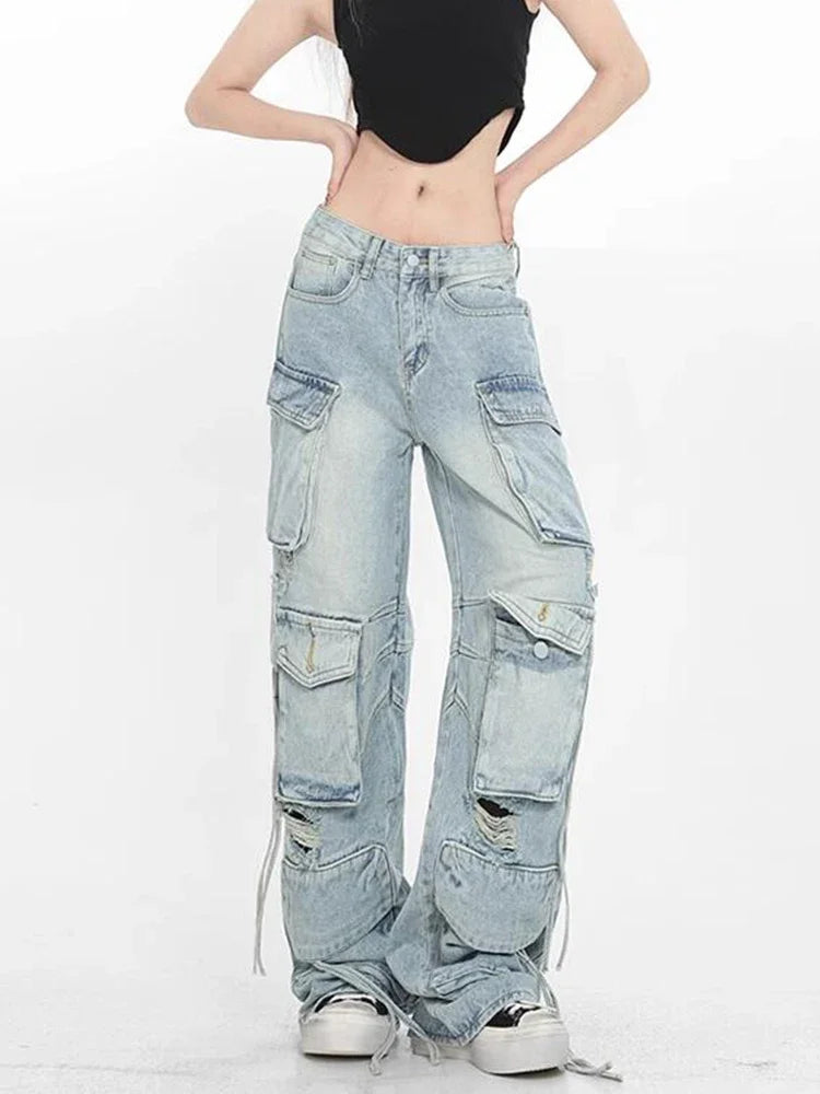 Light Blue Cargo Pants Women High Waisted Jeans Full Length Ripped