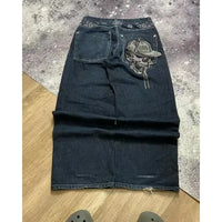 Thumbnail for 2024 High Street Embroidered New Skull Jeans Y2K Washed Gothic High