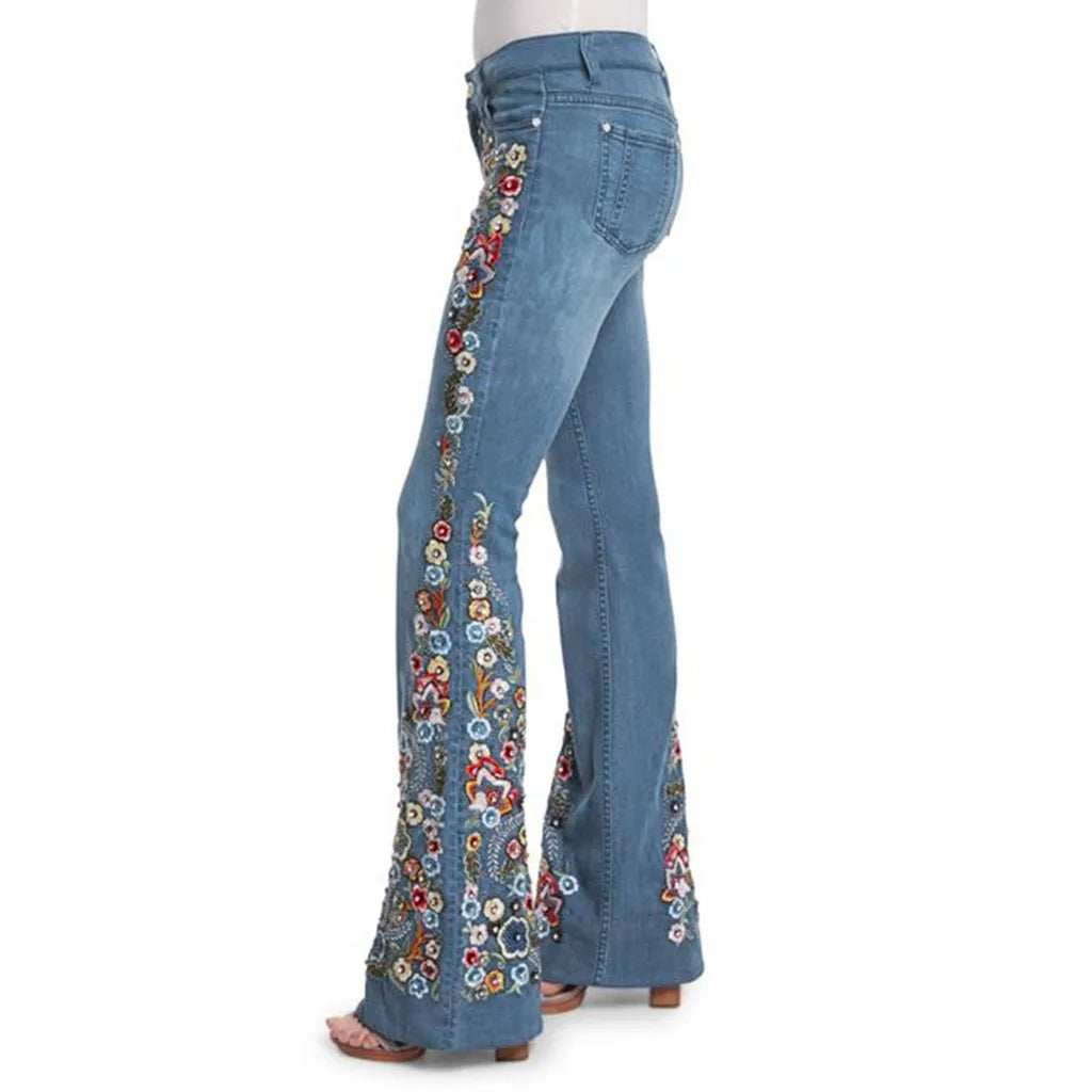 Blue Jeans Women Stretch Floral Embroidered Flared Jeans Fashion High