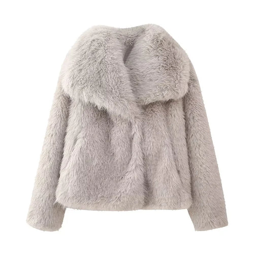 Winter Warm Fur Coat Women Elegant Turndown Collar Long Sleeve Short