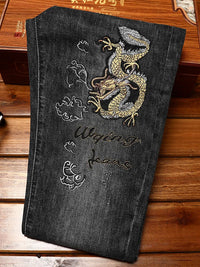 Thumbnail for Chinese Dragon Embroidered Printed Jeans Men's Slim Fit Skinny Stretch