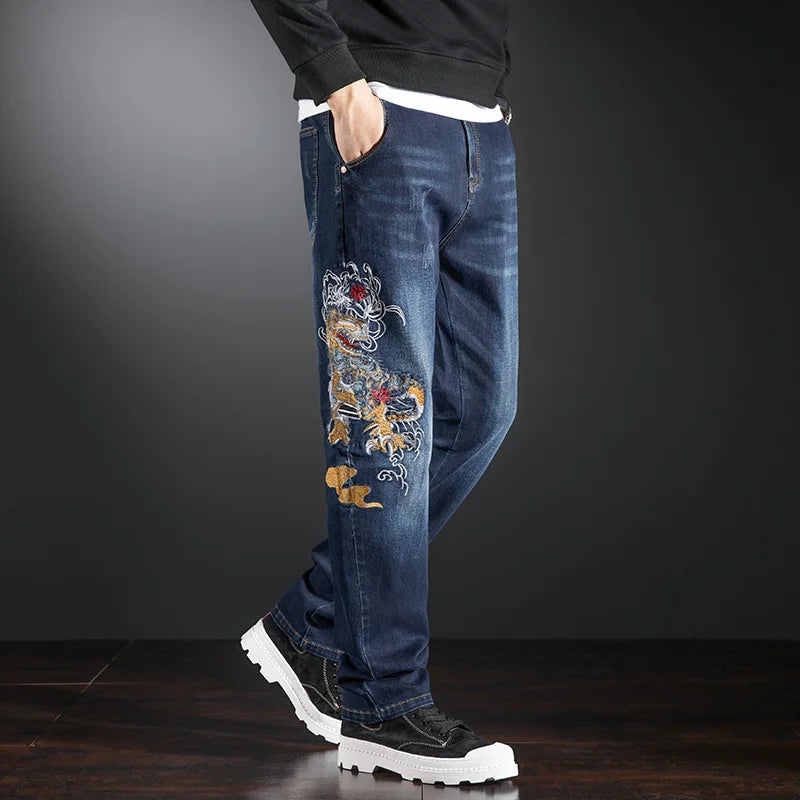 Elastic Embroidered Jeans Men's Frayed Baggy Straight Denim Pants Plus