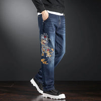 Thumbnail for Elastic Embroidered Jeans Men's Frayed Baggy Straight Denim Pants Plus