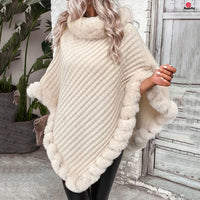 Thumbnail for Fashion Plaid Stripes Faux Fur Pullover Cape Coat Women Autumn Winter