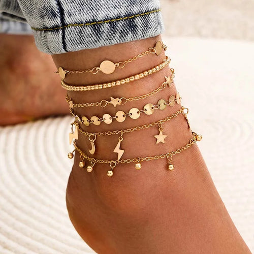 Summer Beach Crushed Stone Chain Anklet Set For Women Boho Shell Charm