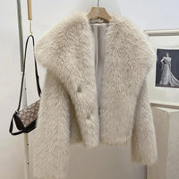 Thumbnail for Winter Warm Fur Coat Women Elegant Turndown Collar Long Sleeve Short