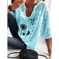 Thumbnail for Womens Cotton Linen Lace V-Neck Half Sleeve T Shirt Casual Baggy Tops