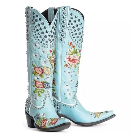 2023 New Flower Embroidered Rivet Western Cowboy Boots Women Pointed