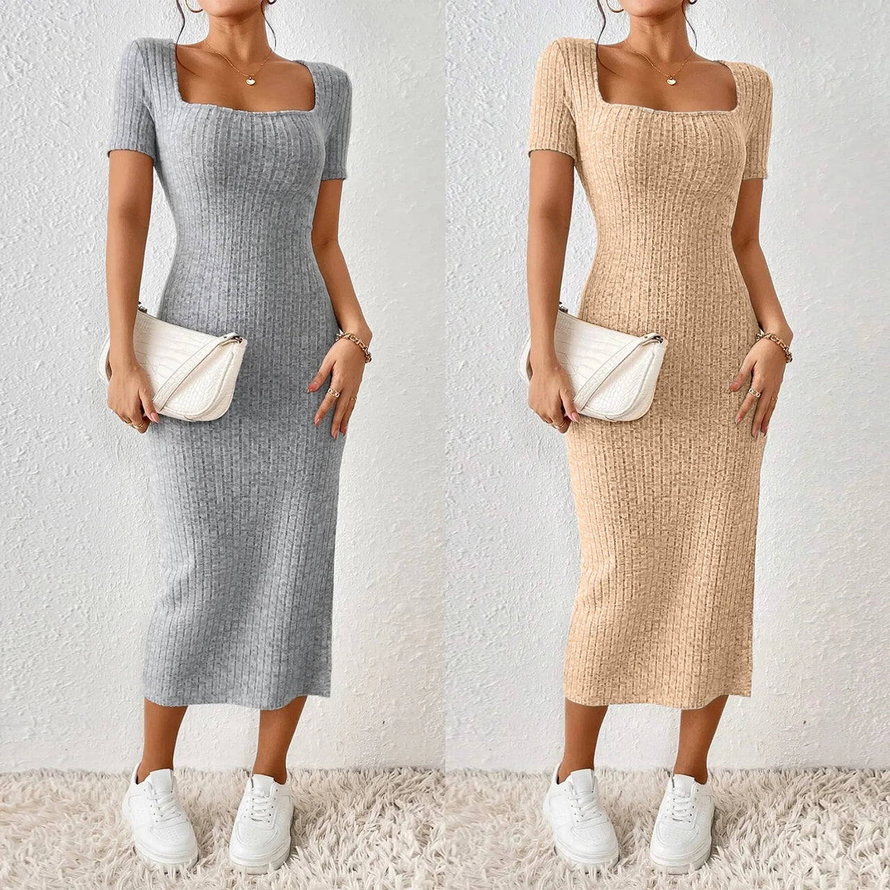 Women Ribbed Midi Dress Soft Knitted Sexy Pencil Dress Casual Skinny