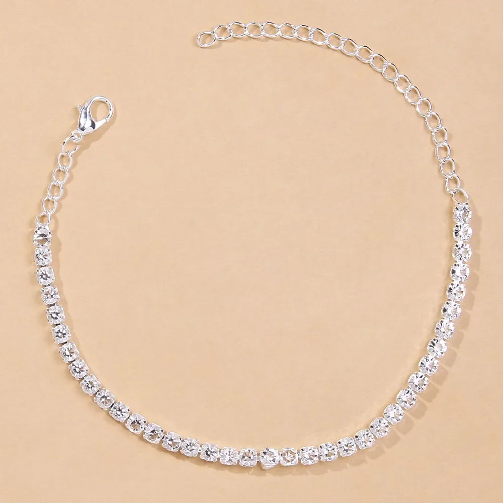 XSBODY Simple Rhinestone Tennis Chain Anklet Foot for Women Summer