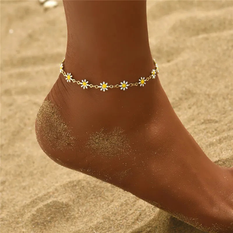 Daisy Flowers Anklets For Women Summer Beach White Flowers Beads