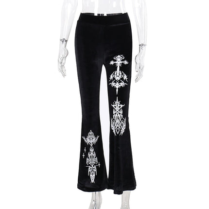Women's Gothic Style Velvet Printed Flare Pants Dark God Element