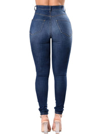 Thumbnail for Blue Ripped Holes Skinny Jeans, Distressed High Waist Slim Fit Slash