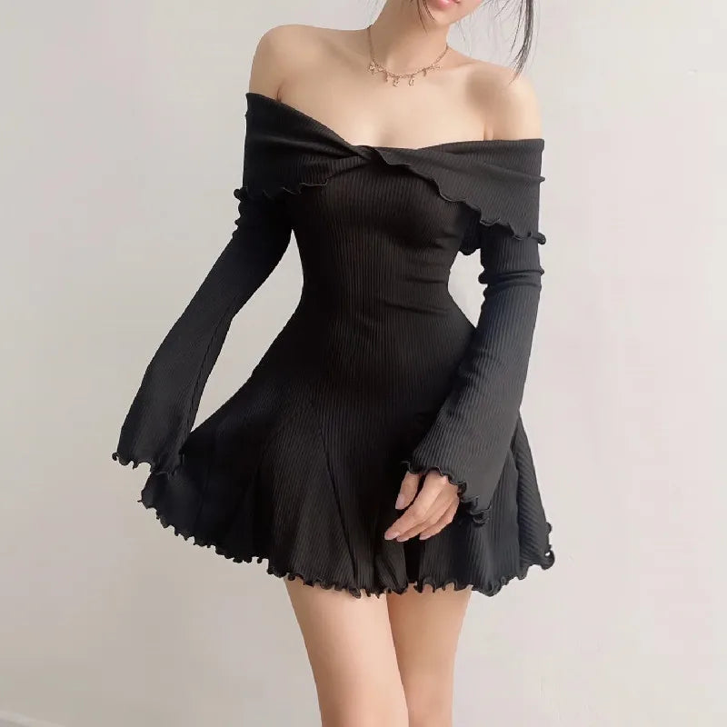 Autumn Black A-LINE Dress Women Streetwear Sexy Strapless Off Shoulder