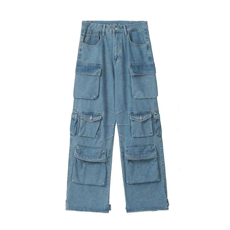 Multi-Pocket Blue Washed Jeans Cargo Pants Y2k Retro Streetwear