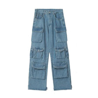 Thumbnail for Multi-Pocket Blue Washed Jeans Cargo Pants Y2k Retro Streetwear