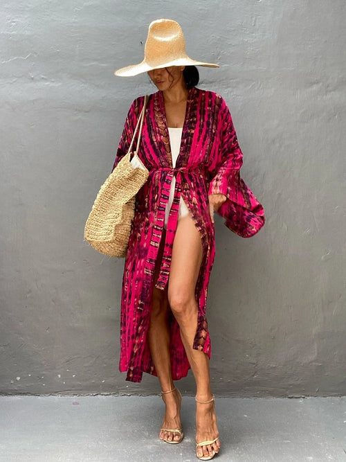 Fitshinling Tie Dye Cotton Beach Kimono Swimwear Bohemian Oversized