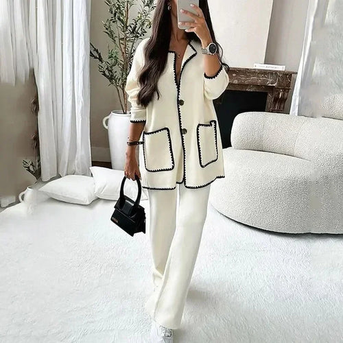 Women Elegant 2 Piece Set Contrast Color Patchwork Long Sleeve Jacket