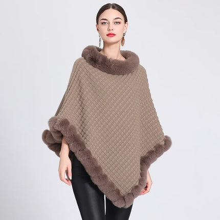 Fashion Plaid Stripes Faux Fur Pullover Cape Coat Women Autumn Winter