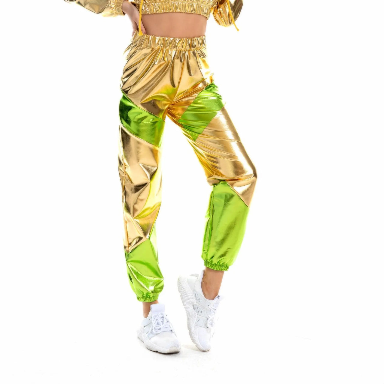 Women High Waist Metallic Shiny Jogger Streetwear Hip Hop Trousers