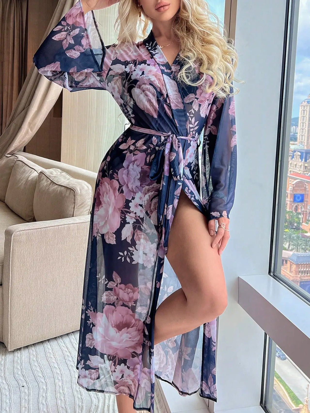 Summer Autumn Floral Print Women's Bathrobe Print Belted Bridesmaid