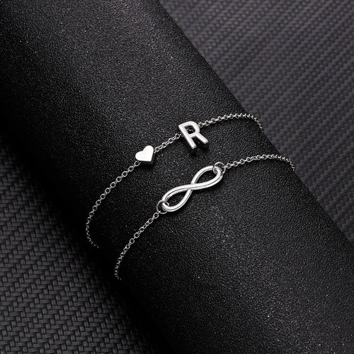 Bohemia A-Z Letter Initial Anklet For Women Silver Color Initial Heart