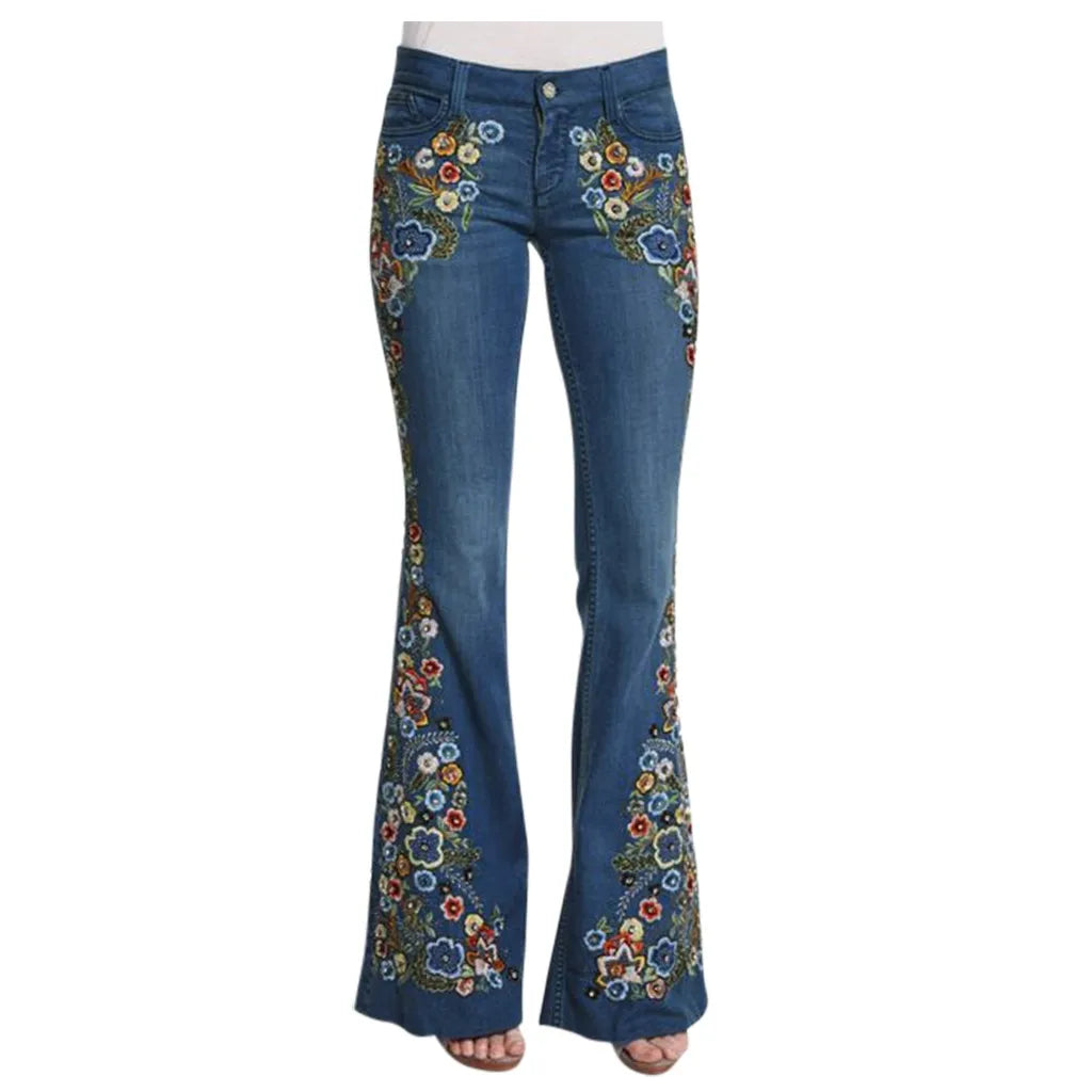 Size S-4XL Elastic Flower Embroidered Flare Jeans Womens Retro Style