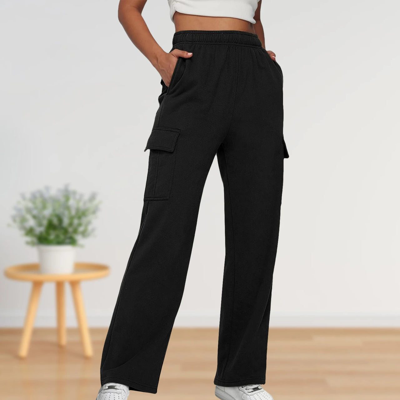 Elastic Waist Cargo Sweatpants Solid Color Women Straight Leg Pants