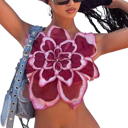 Women 3D Flower Cami Top y2k Sleeveless Backless Spaghetti Strap Crop