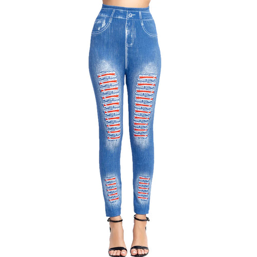 Fashion Stripe Printed Imitation Denim Leggings Elastic Slim HipTight