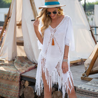 Thumbnail for CROCHET-Backless Beach Dress with Tassels for Women, Sexy V-neck