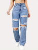 Blue Ripped Baggy Straight Jeans, Slash Pockets Distressed High Waist