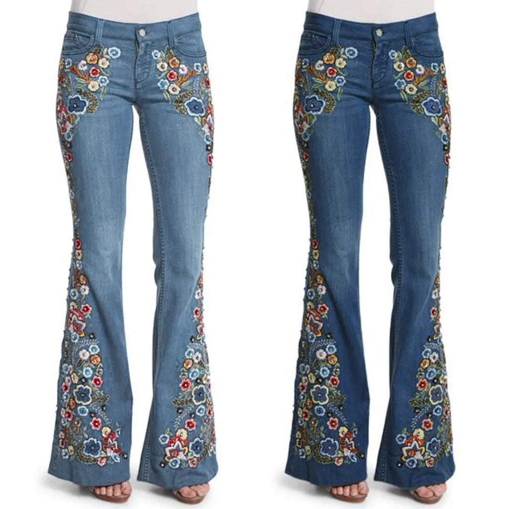 Size S-4XL Elastic Flower Embroidered Flare Jeans Womens Retro Style