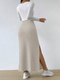 Thumbnail for Spring Autumn Casual Women High Waist Skirt Sexy Knitted Side Slit