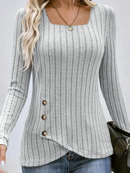 Square Neck Solid Ribbed Button DecorT-Shirt, Casual Long Sleeve Top