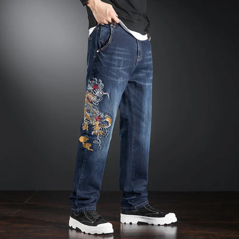 Elastic Embroidered Jeans Men's Frayed Baggy Straight Denim Pants Plus