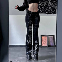 Thumbnail for Women's Gothic Style Velvet Printed Flare Pants Dark God Element