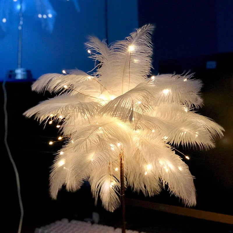 Creative Feather Table Lamp Warm White Light Tree Feather Lampshade
