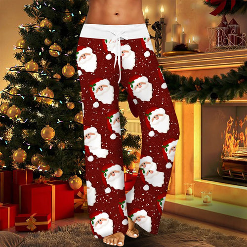 Christmas Printed Pants Women Vintage Elastic High Waist Drawstring