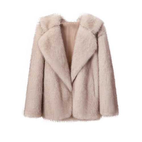 Winter Warm Fur Coat Women Elegant Turndown Collar Long Sleeve Short