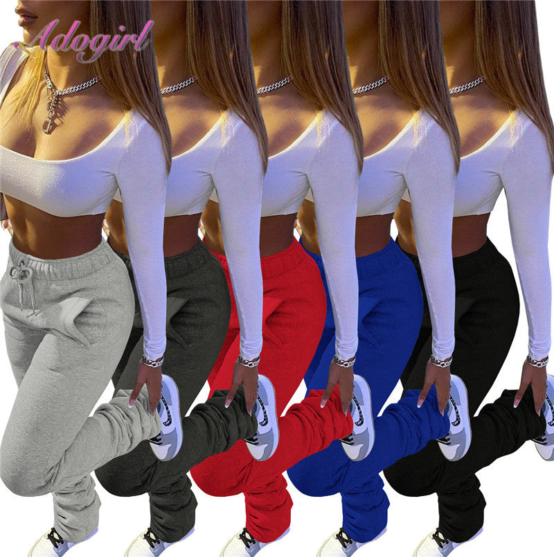 Stacked Pants Women Solid High Waist Drawstring Bell Bottom Flare