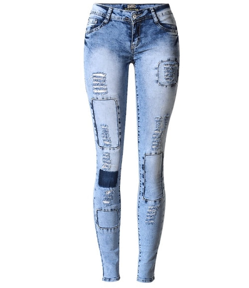 Summer Style Low Waist Sky Blue Patchwork Skinny Tights Women Pencil