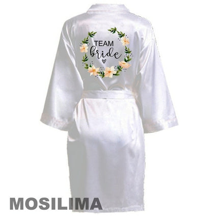 Wedding Party Team Bride Robe With Black Letters Kimono Satin Pajamas