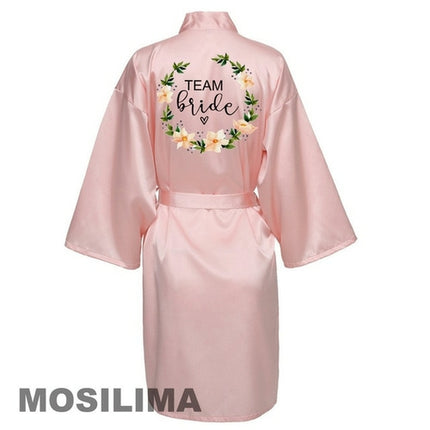 Wedding Party Team Bride Robe With Black Letters Kimono Satin Pajamas