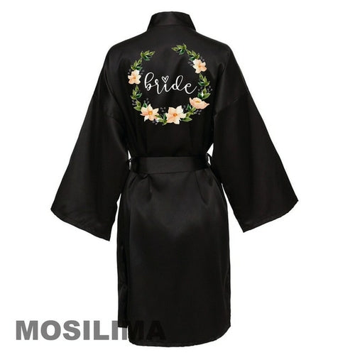 Wedding Party Team Bride Robe With Black Letters Kimono Satin Pajamas