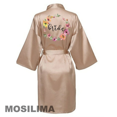 Wedding Party Team Bride Robe With Black Letters Kimono Satin Pajamas