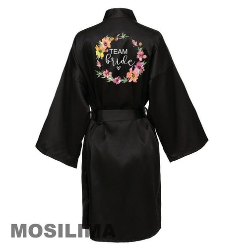 Wedding Party Team Bride Robe With Black Letters Kimono Satin Pajamas